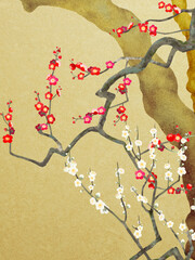 Oriental golden background material with plum trees