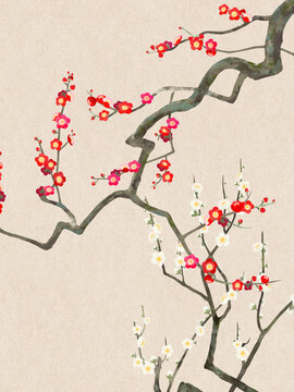Pink oriental background material using plum trees