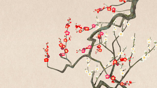 Pink oriental background material using plum trees