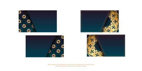 Gradient blue business card with vintage gold pattern for your brand.