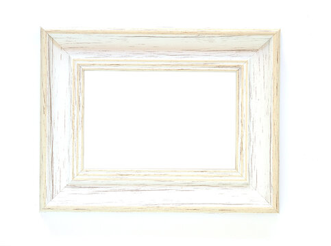Top view, White wooden rectangle border photo frame on white wooden background. Mock up with copy space..