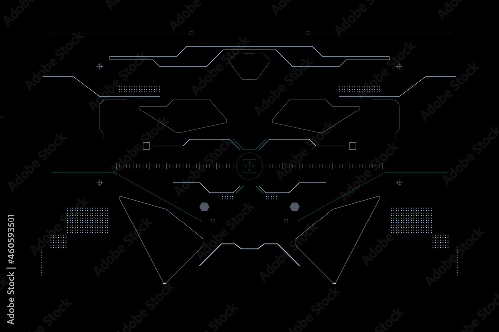 Aufkleber HUD Futuristic Interface Screen Design Element. Game UI Technology Virtual Reality View Display Object Vector.