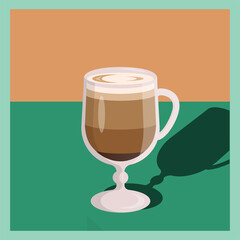Fresh coffee with milk and foam in the glass isolated icon on the green background, latte flat design