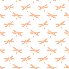 White seamless pattern with pink dragonflies. Cute and childish design for fabric, textile, wallpaper, bedding, swaddles toys or gender-neutral apparel.