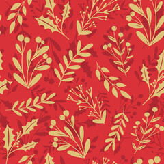 Beautiful winter season, Christmas, New Year floral seamless pattern background. Holly berry, mistletoe plant silhouette on red background. Festive vector backdrop, seasonal textile design.