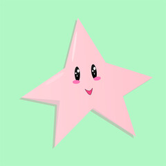 Cute simple pink star isolated, smiling friendly cartoon starfish on light green background - obrazy, fototapety, plakaty