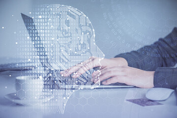Multi exposure of woman hands working on computer and human brain hologram drawing. Ai tech concept.