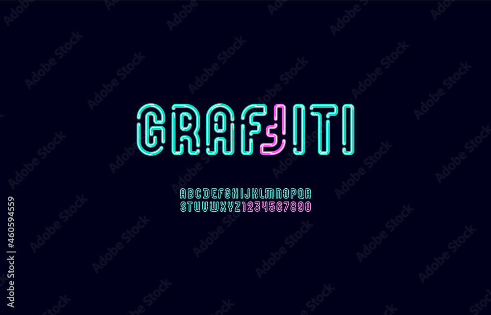 Fototapete digital alphabet with gap, high tech font from line, futuristic letters and numbers, vector illustra