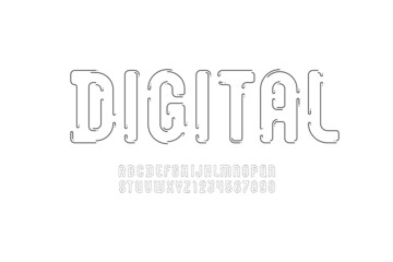 Black digital thin font, condensed tech alphabet, uppercase Latin letters from A to Z and Arab numbers from 0 to 9, vector illustration 10EPS
