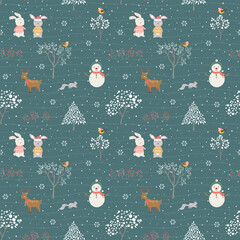 Hand drawn cute animals happy on winter seamless pattern for all print,fabric,textile,kid product or wallpaper