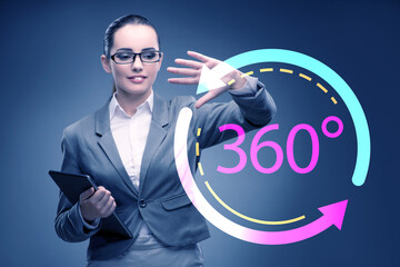 360 degree concept with businesswoman pressing button