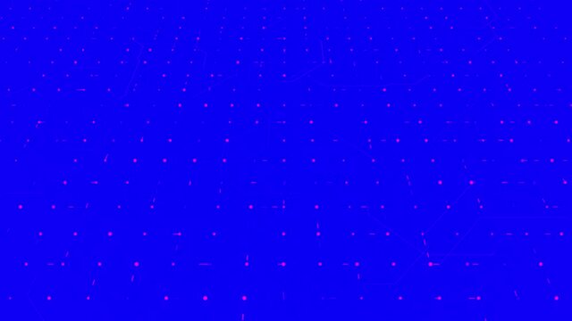 Bright blue background with rows of points and moving stripes. Animation. Flowing abstract surface with running impulses among dots, seamless loop.