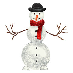 Illustration for the new year a snowman in a red scarf and a black bowler hat with branches on his hands and a carrot on his nose