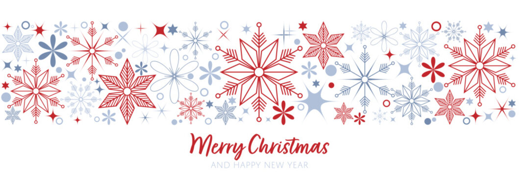 Snowflakes decoration on white background with Merry Christmas and Happy New Year text design for banner, frame, header, background for greeting card design. Vector Illustration.