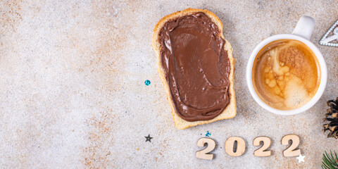 christmas coffee sweet hot drink background new year holiday dessert meal on the table gifts food background rustic top view copy space