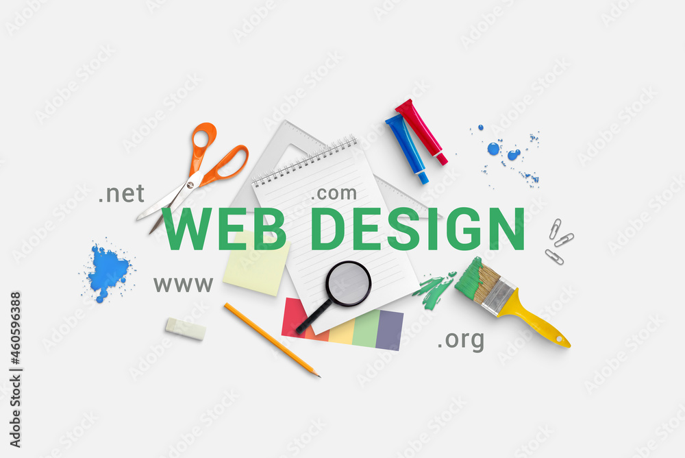 Poster Web design concept composition with text surrounded with supplies