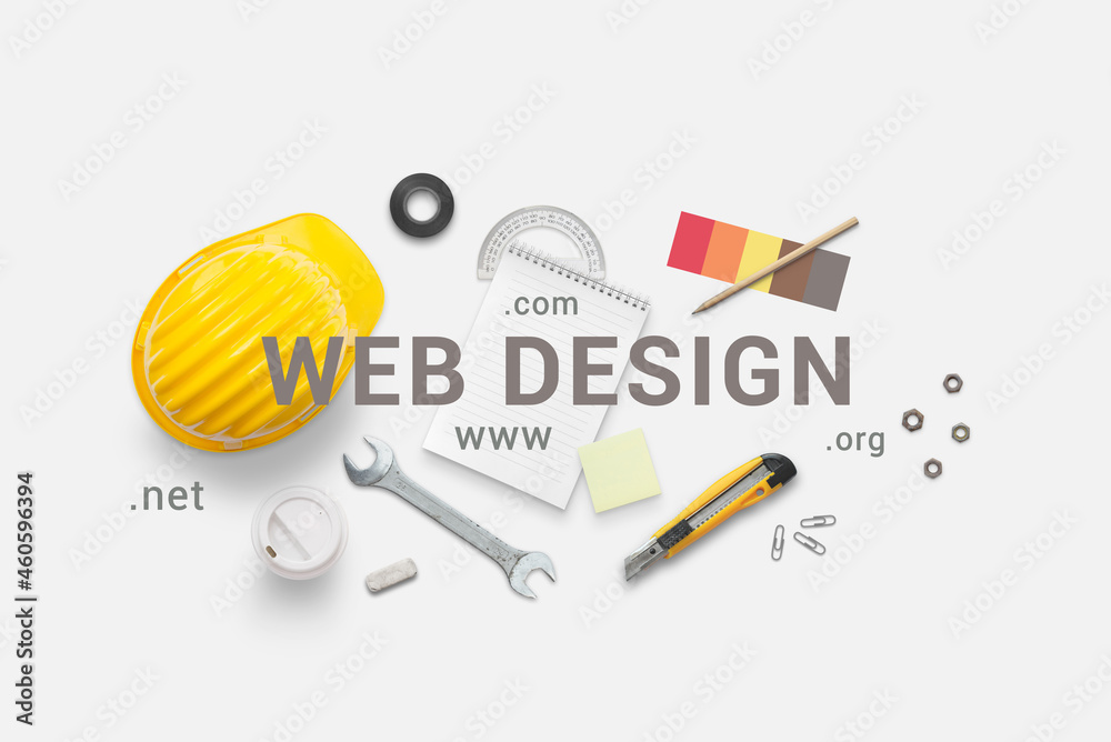 Poster Web design composition with construction tools. Top view, flat lay composition. Under construction concept