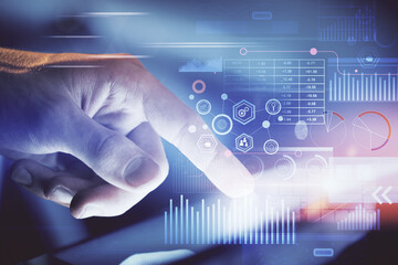 Multi exposure of man's hand holding and using a digital device and data theme drawing. Innovation concept.