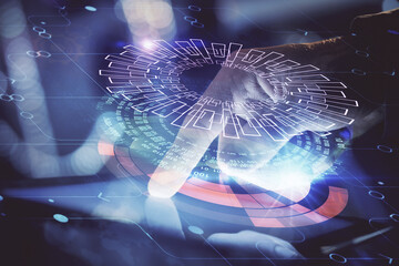 Multi exposure of man's hand holding and using a digital device and data theme drawing. Innovation concept.
