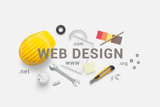 Web design composition with construction tools. Top view, flat lay composition. Under construction concept
