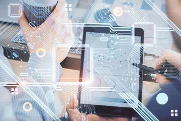 Multi exposure of man's hands holding and using a digital device and data theme drawing. Innovation concept.
