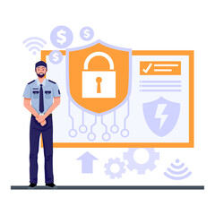 Cyber data protection online concept , Security guard standing and computer data.