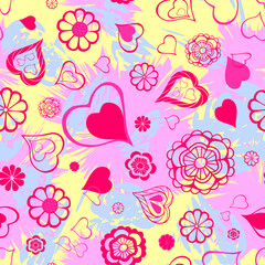 Hand drawn fantasy flowers and hearts random repeat seamless pattern. Greeting card toss repeat surface design. Bright ditsy boundless background. Stains, blobs and splatters doodle endless texture.