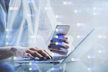 Double exposure of technology sketch hologram and woman holding and using a mobile device. Ai concept