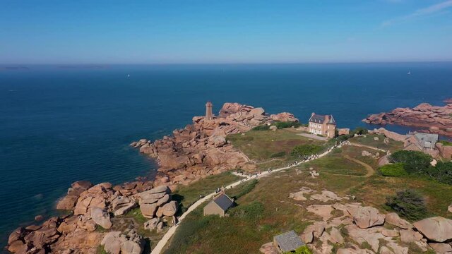 aerial view on the pink granite coast, the city of ploumanac'h and the paherede men ruz