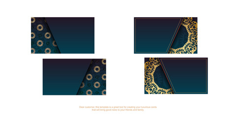 Blue gradient business card with abstract gold ornament for your contacts.