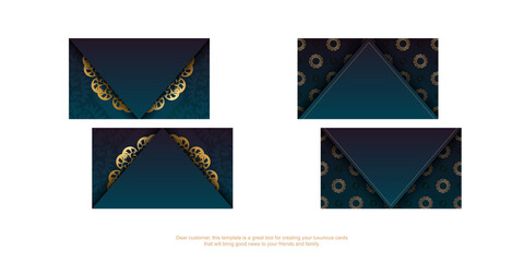 Blue gradient business card with abstract gold ornament for your business.