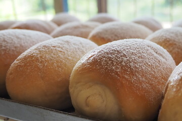 Photo top view of bread homemade on the table.	