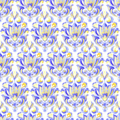 Seamless watercolor pattern. Yellow, blue and white brush-drawn ornament on paper. Fashionable ogee floral wallpaper.