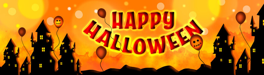 Happy Halloween Party banner. Halloween illustration with balloons in the middle of a city
. Halloween countdown.