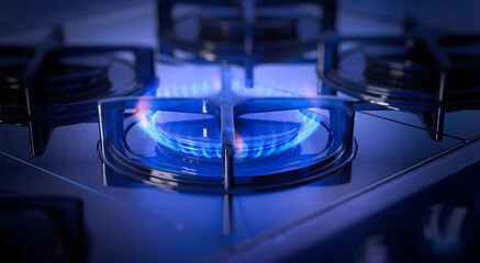 Fototapeta na wymiar Energy crisis: Natural gas prices in Europe hit record. Domestic kitchen stove closeup 3D shot of blue fire. Natural gas cooker burning flames of propane gas. Fuel economy, industrial energy crunch