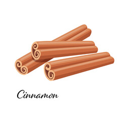 Three rolled sticks of cinnamon. Aromatic spice. Condiment for dishes. Detailed cartoon vector illustration isolated on white background.