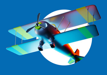 biplane bottom view. Biplane model on blue background. Airplane design in vintage style. Airplane with propeller. Visualization biplane during flight. Aircraft aircraft model. 3d rendering. © Grispb
