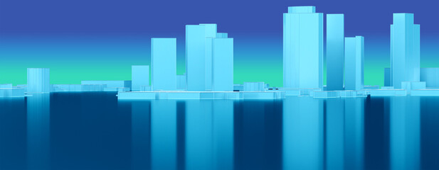Abstract city skyscrapers. Urban architecture illustration. Skyscrapers with reflection below. Downtown landscape with evening sky. Urban urban architecture model in turquoise color. 3d image