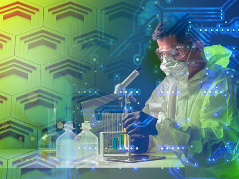 DNA Structure Near Scientist. Male Geneticist Is Studying DNA. Cells Of Genetic Structure Next To Scientist. Biologist With Microscope In Protective Suit. Double Exposure Portrait Of Scientist.