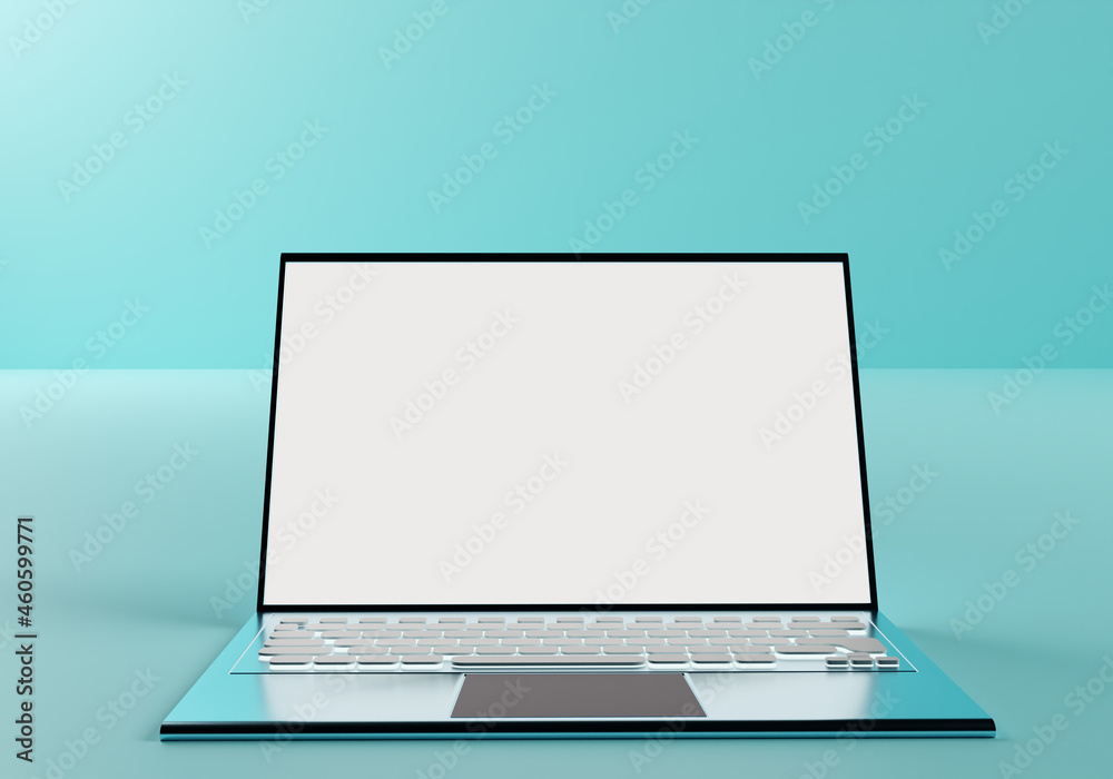 Poster laptop design. laptop front view. minimalistic laptop on a turquoise background. computer with simpl