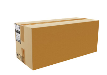 Large box from online store. Cardboard box on white background. Delivery service sticker on box. Parcel from courier service. Visualization of parcel with information sticker. 3d image