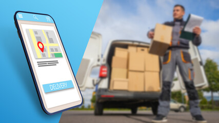 Delivery service application. Courier takes boxes out of van. Blurred quarry next to phone. Concept...
