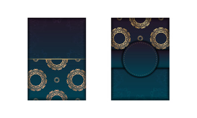Template Greeting card with a gradient blue color with a gold mandala pattern for your design.