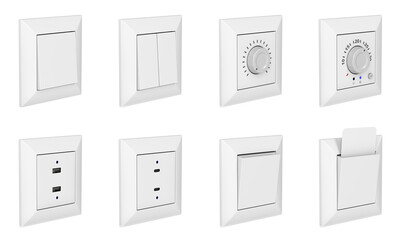Many wall light switches, USB sockets, analog thermostat and key card slot. Set of objects isolated on white background.