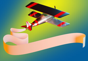 Plane on colorful gradient. Airplane model. Miniature copy of aircraft. Airplane visualization with red stripes. Ribbon marks trail from plane flight. Detailed biplane model. 3d rendering. © Grispb