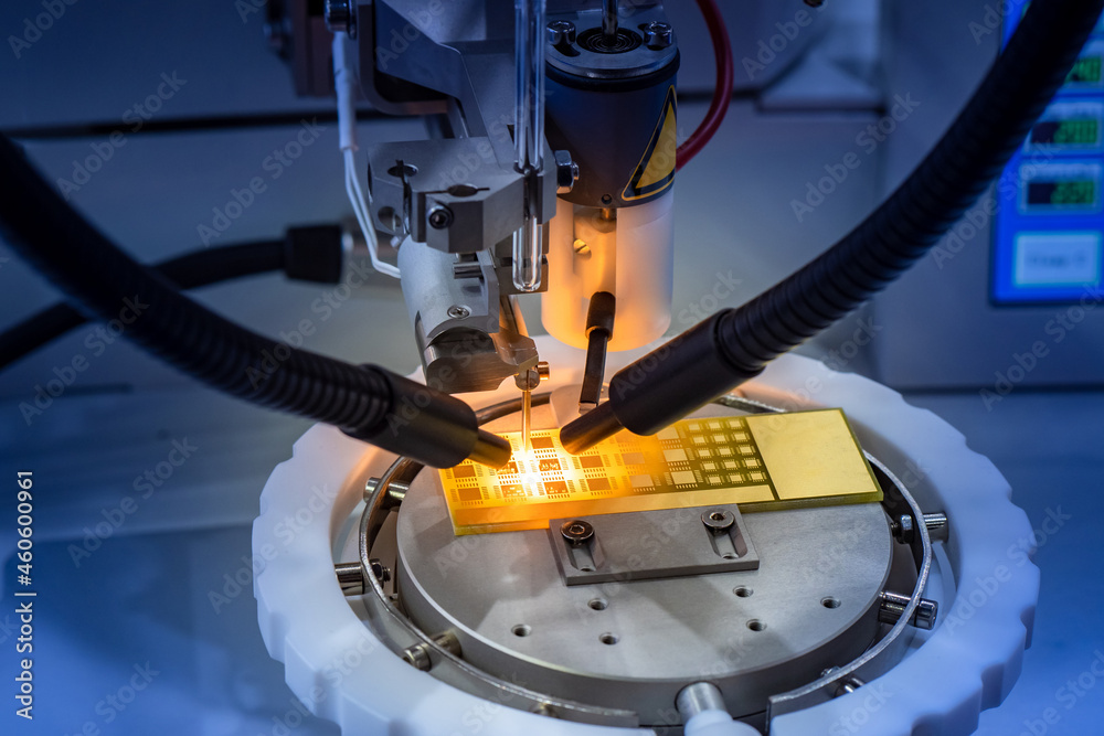Poster pcb assembly in production. automated production of microchips. digital microchip inside production 