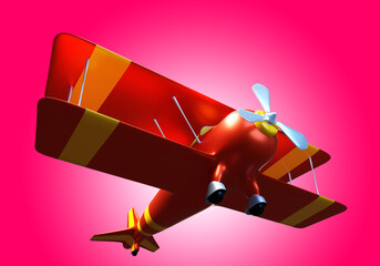 Airplane on red background. Visualization of children's airplane. Detailed airplane model. Biplane model in childish or cartoon style. Cartoon colorful biplane. Vintage biplane. 3d image