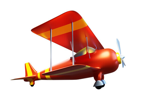 Red biplane. Airplane on white background. Biplane model during flight. Concept of creating aircraft models. Three-dimensional biplane model. Red and yellow plane. Visualization aviaplane. 3d image