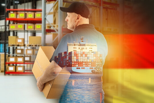 Transportation goods to Germany. Seaport worker. Concept - sending goods to Germany by sea. Seaports of Germany. German sea container ship. Man with box in warehouse. Sending goods by sea container