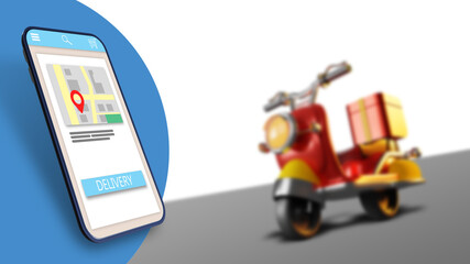Delivery technology. Smartphone with Delivery inscription. Courier scooter near phone. Smartphone...